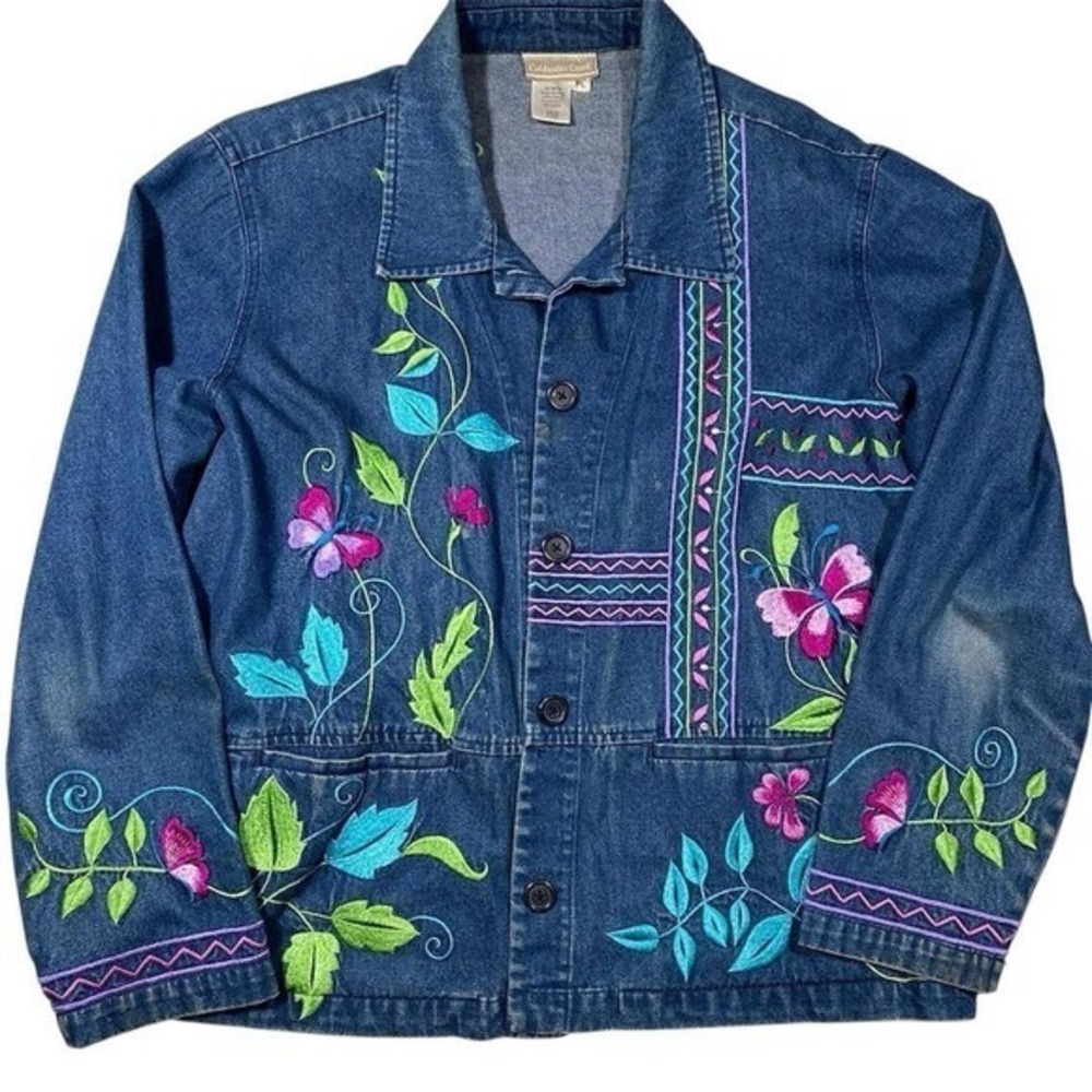 Coldwater Creek Women's Denim Jacket‎ Embroidered Floral Boho Button Up Cotton